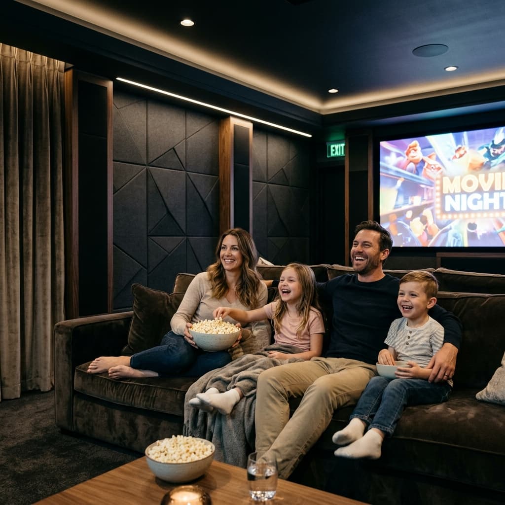 Familia en home cinema lujoso