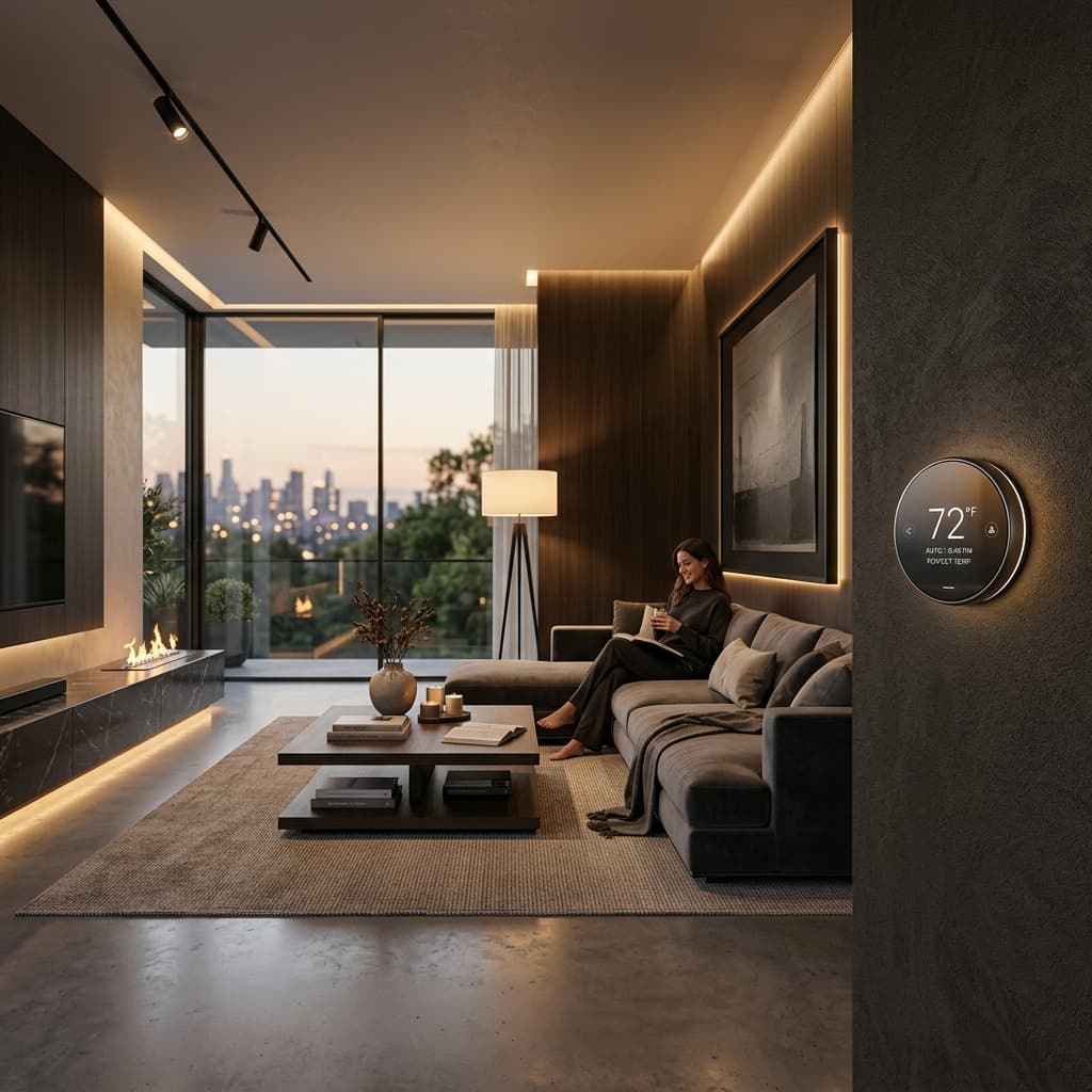Iluminación arquitectónica y termostato inteligente integrado en hogar de lujo