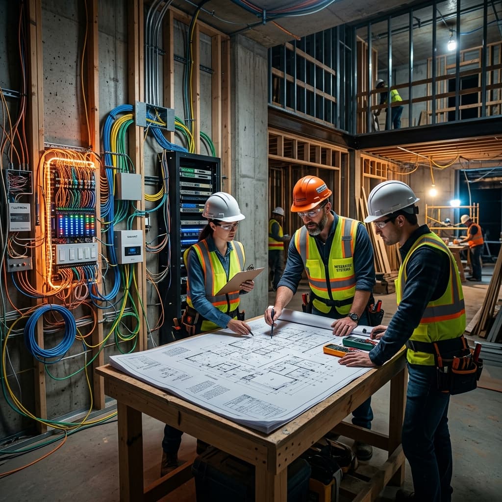 Ingenieros y planos técnicos revisando una instalación domótica avanzada